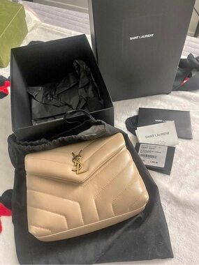 Saint Laurent Beige Quilted Leather Shoulder Bag with Gold YSL Emblem
